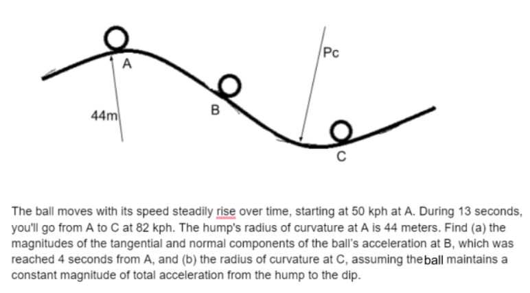 Pc
A
B
44m
The ball moves with its speed steadily rise over time, starting at 50 kph at A. During 13 seconds,
you'll go from A to C at 82 kph. The hump's radius of curvature at A is 44 meters. Find (a) the
magnitudes of the tangential and normal components of the ball's acceleration at B, which was
reached 4 seconds from A, and (b) the radius of curvature at C, assuming the ball maintains a
constant magnitude of total acceleration from the hump to the dip.
