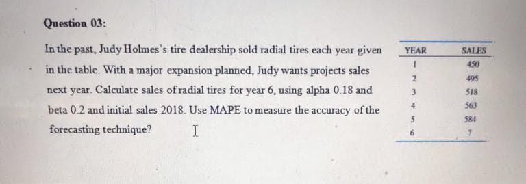 Question 03:
In the past, Judy Holmes's tire dealership sold radial tires each year given
YEAR
SALES
1.
450
in the table. With a major expansion planned, Judy wants projects sales
495
next year. Calculate sales of radial tires for year 6, using alpha 0.18 and
518
4.
563
beta 0.2 and initial sales 2018. Use MAPE to measure the accuracy of the
584
forecasting technique?
