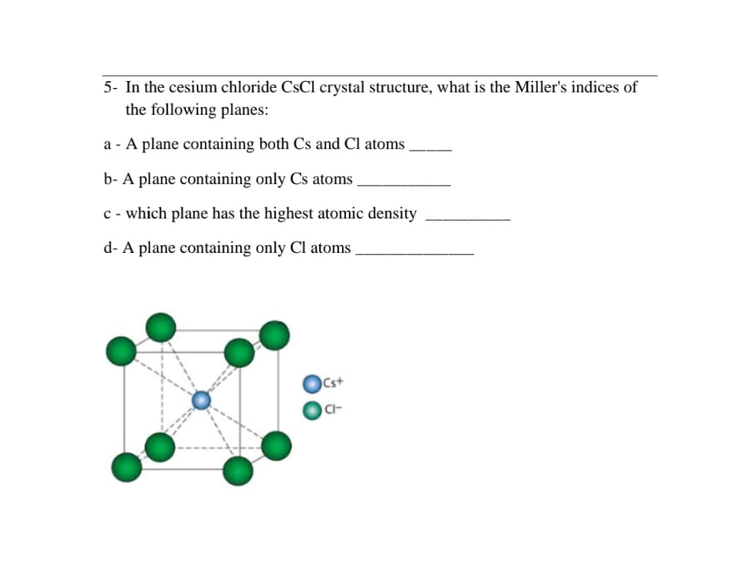 5- In the cesium chloride CsCl crystal structure, what is the Miller's indices of
the following planes:
a - A plane containing both Cs and Cl atoms
b- A plane containing only Cs atoms
c - which plane has the highest atomic density
d- A plane containing only Cl atoms
Cs+
CH