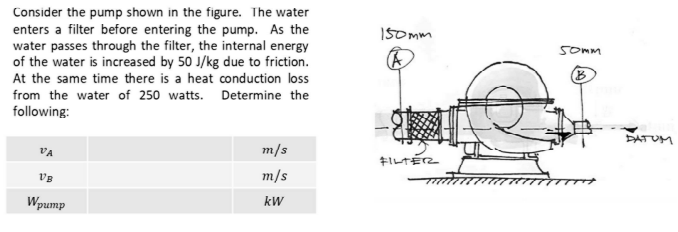 Consider the pump shown in the figure. The water
enters a filter before entering the pump. As the
water passes through the filter, the internal energy
of the water is increased by 50 J/kg due to friction.
At the same time there is a heat conduction loss
from the water of 250 watts. Determine the
following:
VA
VB
Wpump
m/s
m/s
kW
150mm
(A
FILTER
50mm
(B
DATUM