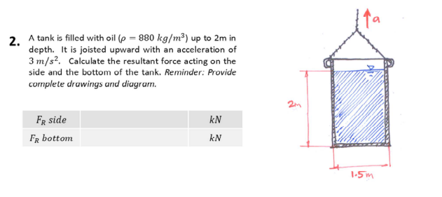 2.
A tank is filled with oil (p = 880 kg/m³) up to 2m in
depth. It is joisted upward with an acceleration of
3 m/s2. Calculate the resultant force acting on the
side and the bottom of the tank. Reminder: Provide
complete drawings and diagram.
FR side
FR bottom
kN
kN
2m
1.5m