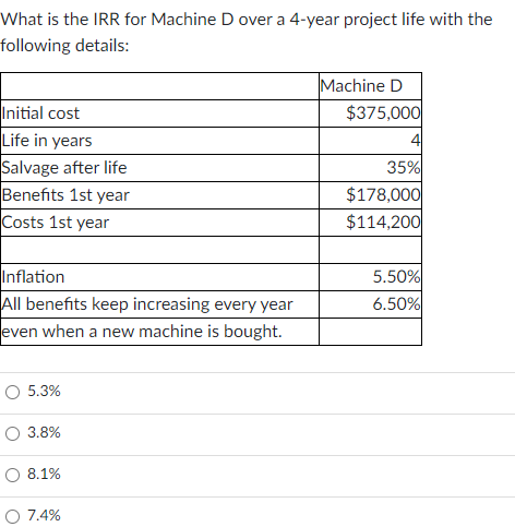 What is the IRR for Machine D over a 4-year project life with the
following details:
Machine D
$375,000
Initial cost
Life in years
Salvage after life
Benefits 1st year
Costs 1st year
4
35%
$178,000
$114,200
Inflation
All benefits keep increasing every year
even when a new machine is bought.
5.50%
6.50%
O 5.3%
3.8%
O 8.1%
O 7.4%
