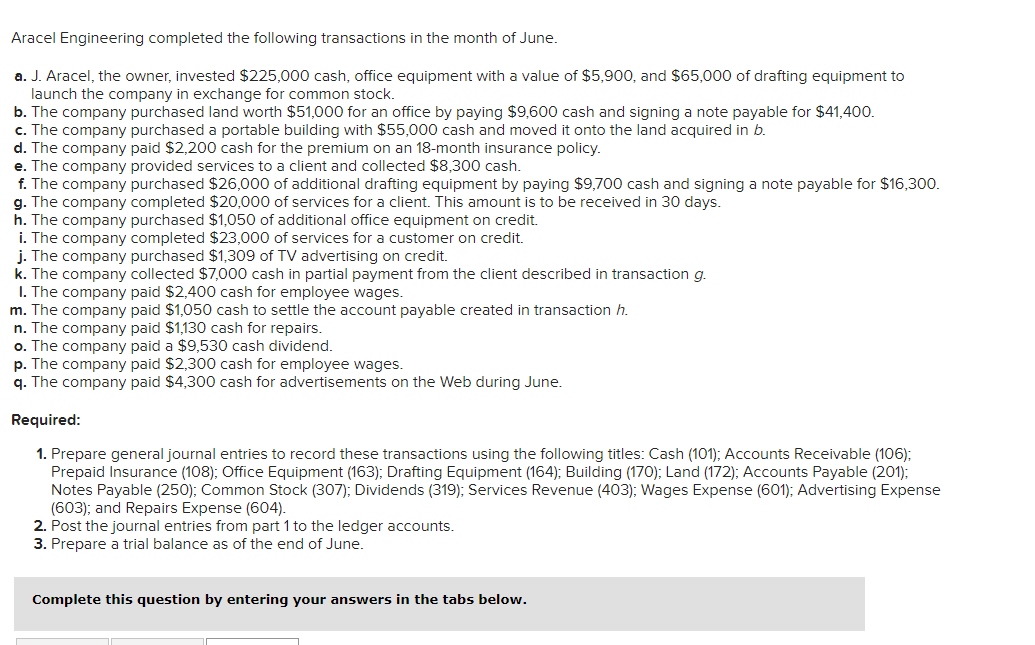 Aracel Engineering completed the following transactions in the month of June.
a. J. Aracel, the owner, invested $225,000 cash, office equipment with a value of $5,900, and $65,000 of drafting equipment to
launch the company in exchange for common stock.
b. The company purchased land worth $51,000 for an office by paying $9,600 cash and signing a note payable for $41,400.
c. The company purchased a portable building with $55,000 cash and moved it onto the land acquired in b.
d. The company paid $2,200 cash for the premium on an 18-month insurance policy.
e. The company provided services to a client and collected $8,300 cash.
f. The company purchased $26,000 of additional drafting equipment by paying $9,700 cash and signing a note payable for $16,300.
g. The company completed $20,000 of services for a client. This amount is to be received in 30 days.
h. The company purchased $1,050 of additional office equipment on credit.
i. The company completed $23,000 of services for a customer on credit.
j. The company purchased $1,309 of TV advertising on credit.
k. The company collected $7,000 cash in partial payment from the client described in transaction g.
I. The company paid $2,400 cash for employee wages.
m. The company paid $1,050 cash to settle the account payable created in transaction h.
n. The company paid $1,130 cash for repairs.
o. The company paid a $9,530 cash dividend.
p. The company paid $2,300 cash for employee wages.
q. The company paid $4,300 cash for advertisements on the Web during June.
Required:
1. Prepare general journal entries to record these transactions using the following titles: Cash (101); Accounts Receivable (106);
Prepaid Insurance (108); Office Equipment (163); Drafting Equipment (164); Building (170); Land (172); Accounts Payable (201);
Notes Payable (250); Common Stock (307); Dividends (319); Services Revenue (403); Wages Expense (601); Advertising Expense
(603); and Repairs Expense (604).
2. Post the journal entries from part 1 to the ledger accounts.
3. Prepare a trial balance as of the end of June.
Complete this question by entering your answers in the tabs below.