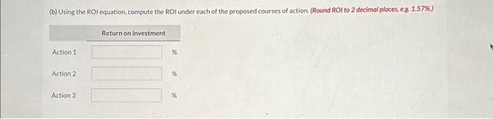 (b) Using the ROI equation, compute the ROI under each of the proposed courses of action. (Round ROI to 2 decimal places, e.g. 1.57%)
Action 1
Action 2
Action 3
Return on investment
%