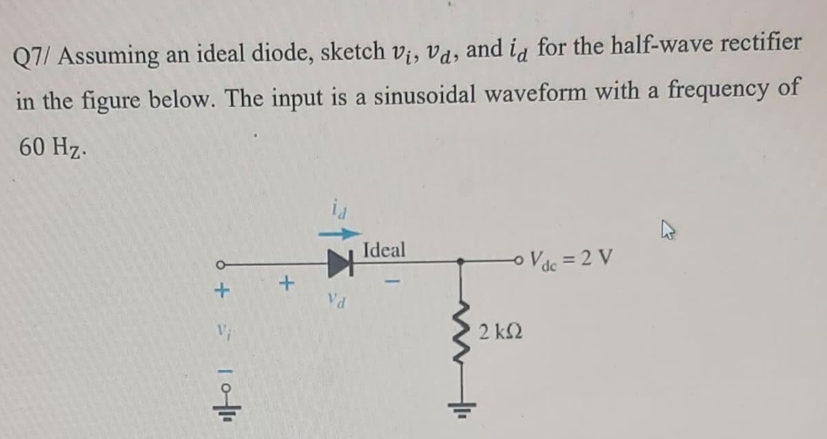 Q7/ Assuming an ideal diode, sketch vi, va, and ig for the half-wave rectifier
in the figure below. The input is a sinusoidal waveform with a frequency of
60 Hz.
Ideal
o Vdc = 2 V
2 k2
