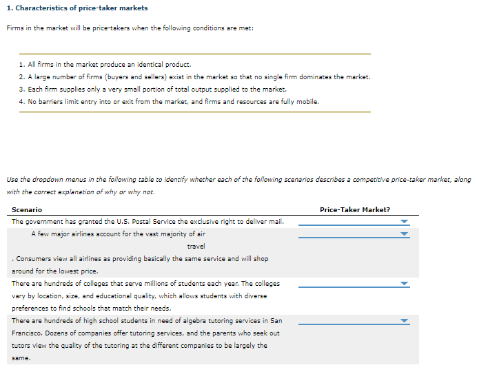 1. Characteristics of price-taker markets
Firms in the market will be price-takers when the following conditions are met:
1. All firms in the market produce an identical product.
2. A large number of firms (buyers and sellers) exist in the market so that no single firm dominates the market.
3. Each firm supplies only a very small portion of total output supplied to the market.
4. No barriers limit entry into or exit from the market, and firms and resources are fully mobile.
Use the dropdown menus in the following table to identify whether each of the following scenarios describes a competitive price-taker market, along
with the correct explanation of why or why not.
Price-Taker Market?
Scenario
The government has granted the U.S. Postal Service the exclusive right to deliver mail.
A few major airlines account for the vast majority of air
travel
. Consumers view all airlines as providing basically the same service and will shop
around for the lowest price.
There are hundreds of colleges that serve millions of students each year. The colleges
vary by location, size, and educational quality, which allows students with diverse
preferences to find schools that match their needs.
There are hundreds of high school students in need of algebra tutoring services in San
Francisco. Dozens of companies offer tutoring services, and the parents who seek out
tutors view the quality of the tutoring at the different companies to be largely the
same.

