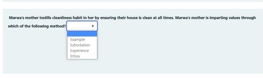 Marwa's mother instills cleanliness habit in her by ensuring their house is clean at all times. Marwa's mother is imparting values through
which of the following method?
Example
Exhortation
Experience
Ethos
