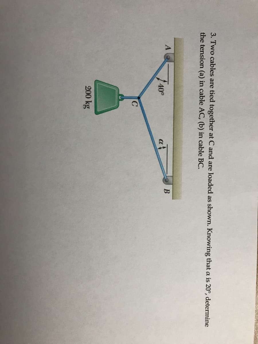 3. Two cables are tied together at C and are loaded as shown. Knowing that a is 20°, determine
the tension (a) in cable AC, (b) in cable BC.
A
40°
a
200 kg
