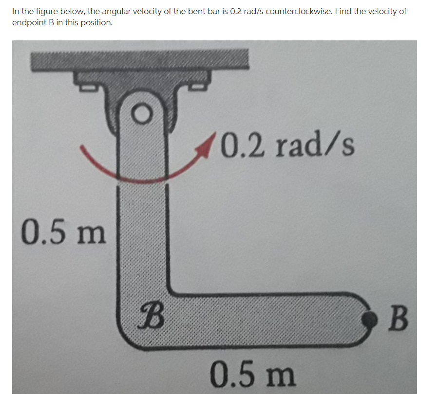 In the figure below, the angular velocity of the bent bar is 0.2 rad/s counterclockwise. Find the velocity of
endpoint B in this position.
0.2 rad/s
0.5 m
0.5 m
