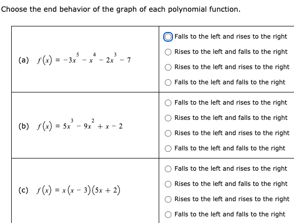 **End Behavior of Polynomial Functions**

Choose the end behavior of the graph of each polynomial function.

### (a) \( f(x) = -3x^5 - x^4 - 2x^3 - 7 \)

- **Options:**
  1. Falls to the left and rises to the right
  2. Rises to the left and falls to the right
  3. Rises to the left and rises to the right
  4. Falls to the left and falls to the right

- **Correct Choice:** Falls to the left and rises to the right

### (b) \( f(x) = 5x^3 - 9x^2 + x - 2 \)

- **Options:**
  1. Falls to the left and rises to the right
  2. Rises to the left and falls to the right
  3. Rises to the left and rises to the right
  4. Falls to the left and falls to the right

### (c) \( f(x) = x(x - 3)(5x + 2) \)

- **Options:**
  1. Falls to the left and rises to the right
  2. Rises to the left and falls to the right
  3. Rises to the left and rises to the right
  4. Falls to the left and falls to the right

**Explanation:**  
The end behavior of polynomial functions is determined by the leading term's degree and coefficient. 

- If the highest degree is odd and the leading coefficient is negative, the graph falls to the left and rises to the right.
- If the highest degree is odd and the leading coefficient is positive, the graph rises to the left and falls to the right.
- If the highest degree is even and the leading coefficient is positive, the graph rises on both sides.
- If the highest degree is even and the leading coefficient is negative, the graph falls on both sides.