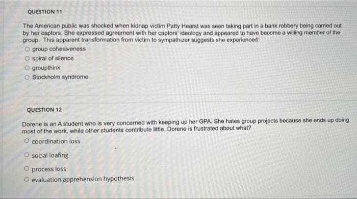 QUESTION 11
The American public was shocked when kidnap victim Patty Hearst was seen taking part in a bank robbery being carried out
by her captors. She expressed agreement with her captors' ideology and appeared to have become a willing member of the
group. This apparent transformation from victim to sympathizer suggests she experienced:
O group cohesiveness
O spiral of silence
O groupthink
O Stockholm syndrome
QUESTION 12
Dorene is an A student who is very concerned with keeping up her GPA. She hates group projects because she ends up doing
most of the work, while other students contribute little. Dorene is frustrated about what?
O coordination loss
social loafing
process loss
O evaluation apprehension hypothesis
