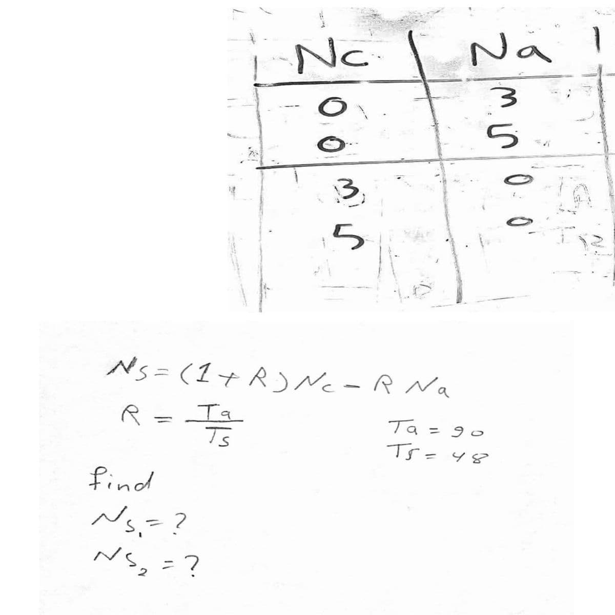 Nc
Nä I
3,
5
Ns=(1+ R Nc-R Na
%3D
Ia
Ts
Ta =
= 9o
Ts-48
find
Ns,=?
