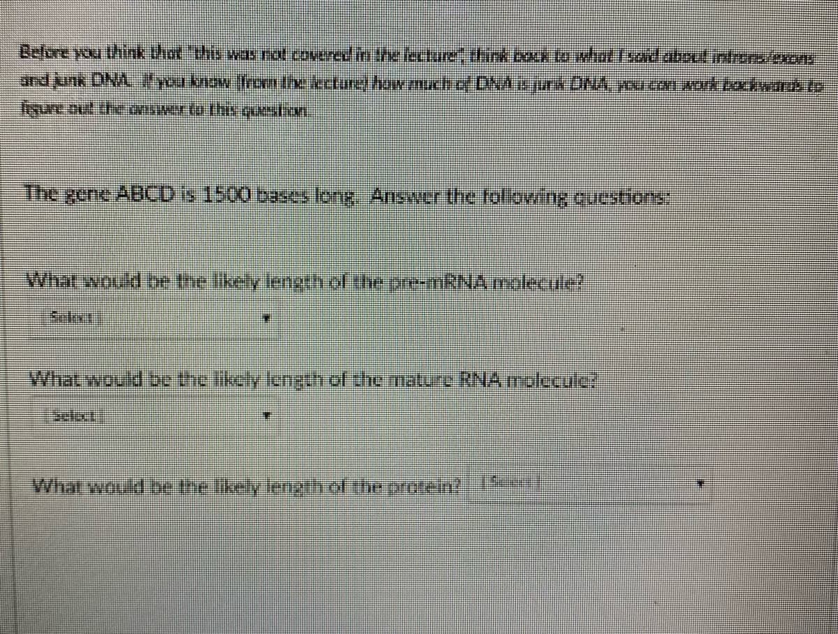 Belore you thnk thot ths was rot coveredmthe lecturedink.bock to wlintTsdaboutintrers/excns
and unk DNA youknowtonthe kcturethowmucho/DAukDNA.ucvarkbackw.rd to
The gene ABCD is 1500 bases long Answer the folowing questions
Whar would oe the likely length of the pre-mRNAmolecile?
What would e the likely legth of the profeint1
