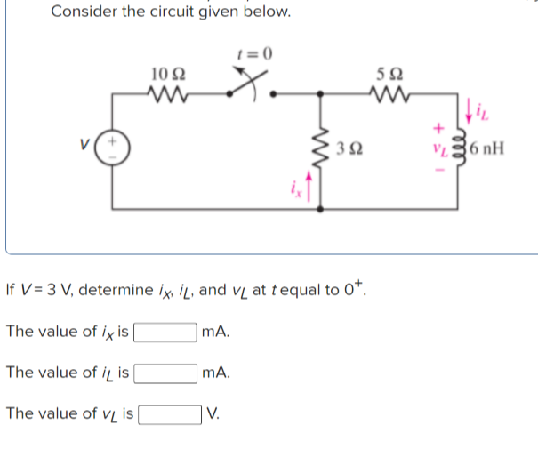 Consider the circuit given below.
t = (0
10Ω
5Ω
VL36 nH
If V= 3 V, determine ix, İL, and vį at tequal to 0*.
The value of ix is|
mA.
The value of iL is
mA.
The value of vL iS
V.
