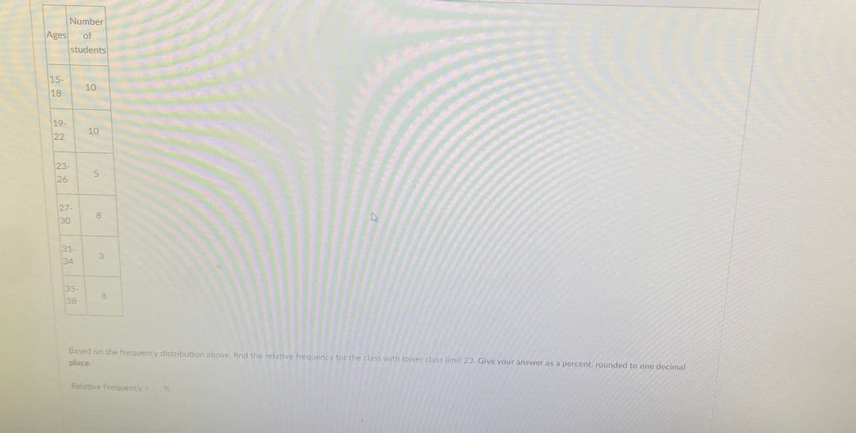 Number
Ages
students
of
15-
10
18
19-
10
22
23-
26
27-
30
31-
3.
34
35-
8.
38
Based on the frequency distribution above, find the relative frequency for the class with lower class limit 23. Give your answer as a percent, rounded to one decimal
place.
Relative Frequency -
5.
8.
