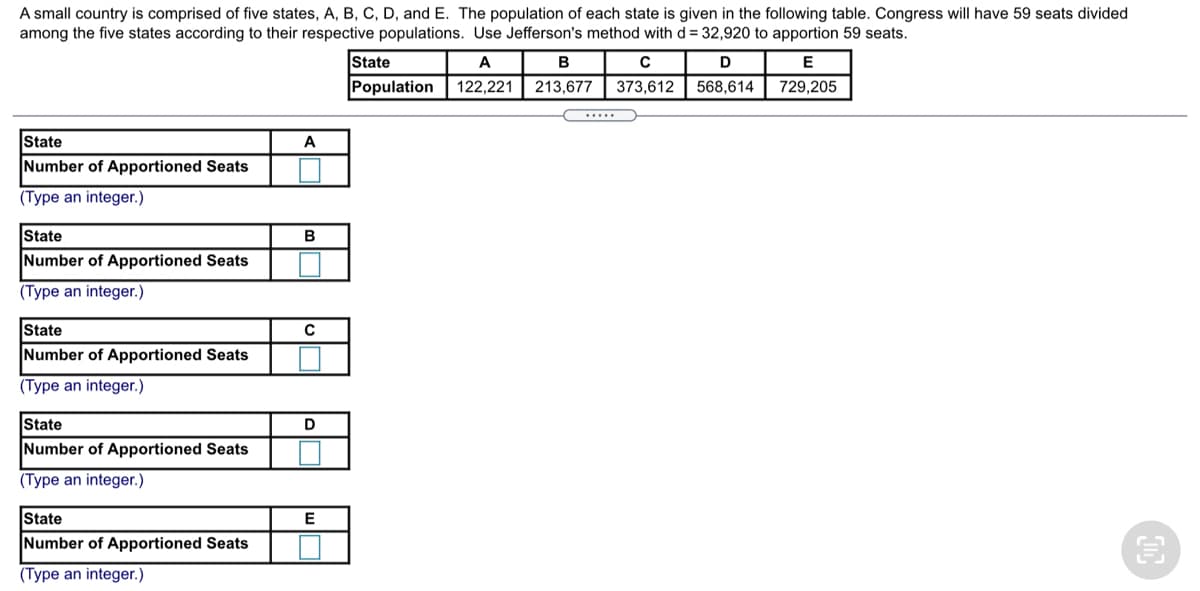 A small country is comprised of five states, A, B, C, D, and E. The population of each state is given in the following table. Congress will have 59 seats divided
among the five states according to their respective populations. Use Jefferson's method with d = 32,920 to apportion 59 seats.
%3D
State
A
B
D
E
Population
122,221
213,677
373,612
568,614
729,205
.....
State
A
Number of Apportioned Seats
(Type an integer.)
State
B
Number of Apportioned Seats
(Type an integer.)
State
Number of Apportioned Seats
(Type an integer.)
State
Number of Apportioned Seats
D
(Type an integer.)
State
E
Number of Apportioned Seats
(Type an integer.)
