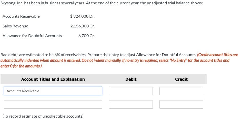 Skysong, Inc. has been in business several years. At the end of the current year, the unadjusted trial balance shows:
Accounts Receivable
Sales Revenue
Allowance for Doubtful Accounts
$324,000 Dr.
2,156,300 Cr.
6,700 Cr.
Bad debts are estimated to be 6% of receivables. Prepare the entry to adjust Allowance for Doubtful Accounts. (Credit account titles are
automatically indented when amount is entered. Do not indent manually. If no entry is required, select "No Entry" for the account titles and
enter O for the amounts.)
Account Titles and Explanation
Accounts Receivable
(To record estimate of uncollectible accounts)
Debit
Credit