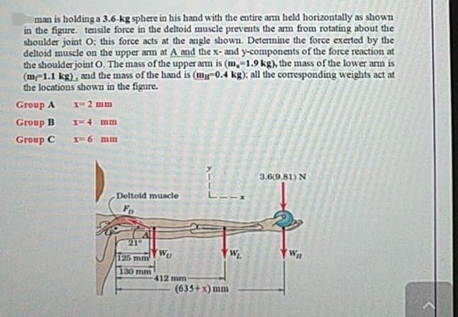 man is holding a 3.6-kg sphere in his hand with the entire arm held horizontally as shown
in the figure. tensile force in the deltoid muscle prevents the anm from rotating about the
shoulder joint O; this force acts at the angle shown. Determine the force exerted by the
deltoid muscle on the upper arm at A and the x- and y-components of the force reaction at
the shoulder joint O. The mass of the upper ann is (m,-1.9 kg), the mass of the lower arm is
(m-1.1 kg), and the mass of the hand is (my-0.4 kg); all the corresponding weights act at
the locations shown in the figure.
Group A
X- 2 mm
Group B
X-4 mm
Group C
X-6 mm
3.6(9.81) N
Deltold muscle
L-
Fo
21°
Wu
125 mm
W
W
130 mm
412 mm
(635+ x) mm
