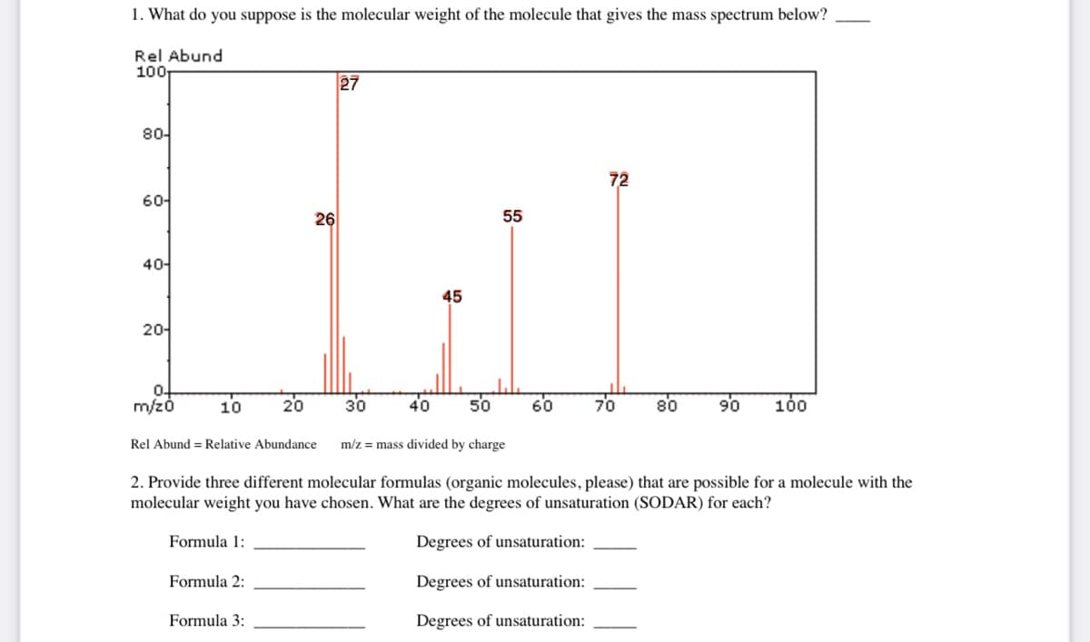 1. What do you suppose is the molecular weight of the molecule that gives the mass spectrum below?
Rel Abund
100
27
26
55
HUL
45
40
80-
60-
40-
20-
0.
m/z0
10
Rel Abund Relative Abundance
Formula 1:
20
Formula 2:
Formula 3:
30
50
m/z = mass divided by charge
60
72
70
80
2. Provide three different molecular formulas (organic molecules, please) that are possible for a molecule with the
molecular weight you have chosen. What are the degrees of unsaturation (SODAR) for each?
Degrees of unsaturation:
Degrees of unsaturation:
Degrees of unsaturation:
90
100