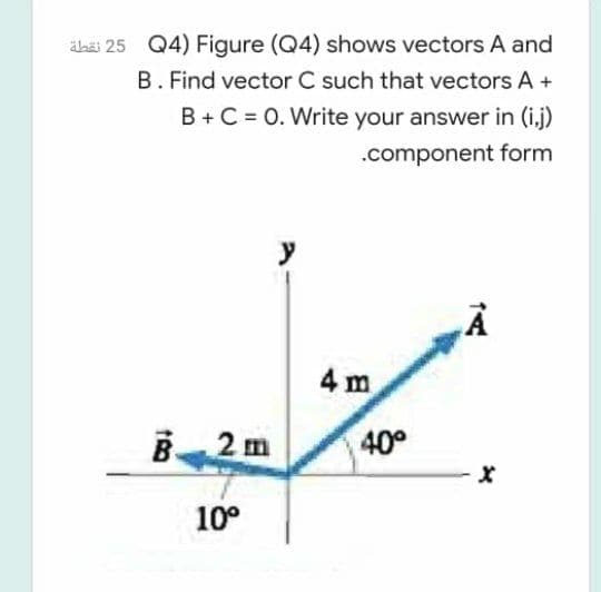 ahäi 25 Q4) Figure (Q4) shows vectors A and
B. Find vector C such that vectors A +
B+C = 0. Write your answer in (i.j)
.component form
y
4 m
B2 m
40°
10°
