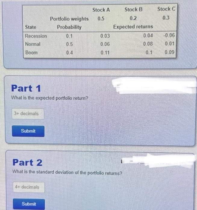 State
Recession
Normal
Boom
Part 1
What is the expected portfolio return?
3+ decimals
Submit
Portfolio weights
Probability
0.1
0.5
0.4
4+ decimals
Submit
Stock A
0.5
0.03
0.06
0.11
Part 2
What is the standard deviation of the portfolio returns?
Stock B
0.2
Expected returns
0.04
0.08
0.1
Stock C
0.3
-0.06
0.01
0.09