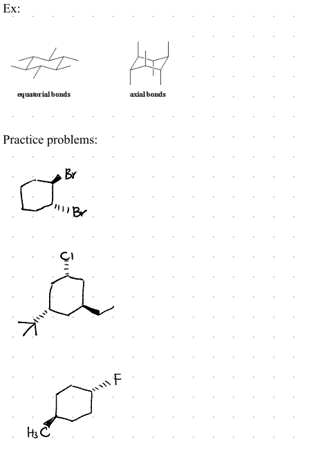 Ex:
axial bonds
equatorial bonds
Practice problems:
Br
Br
H3C.
