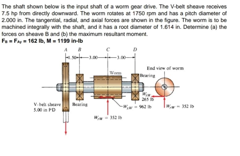 The shaft shown below is the input shaft of a worm gear drive. The V-belt sheave receives
7.5 hp from directly downward. The worm rotates at 1750 rpm and has a pitch diameter of
2.000 in. The tangential, radial, and axial forces are shown in the figure. The worm is to be
machined integrally with the shaft, and it has a root diameter of 1.614 in. Determine (a) the
forces on sheave B and (b) the maximum resultant moment.
FB = FAY = 162 lb, M = 1199 in-lb
A
B
1.50+
V-belt sheave
5.00 in PD
-3.00-
Bearing
C
-3.00-
Worm
D
W/w = 352 lb
End view of worm
Bearing
W₁W
265 lb
-Wxw = 962 lb
Ww= 352 lb