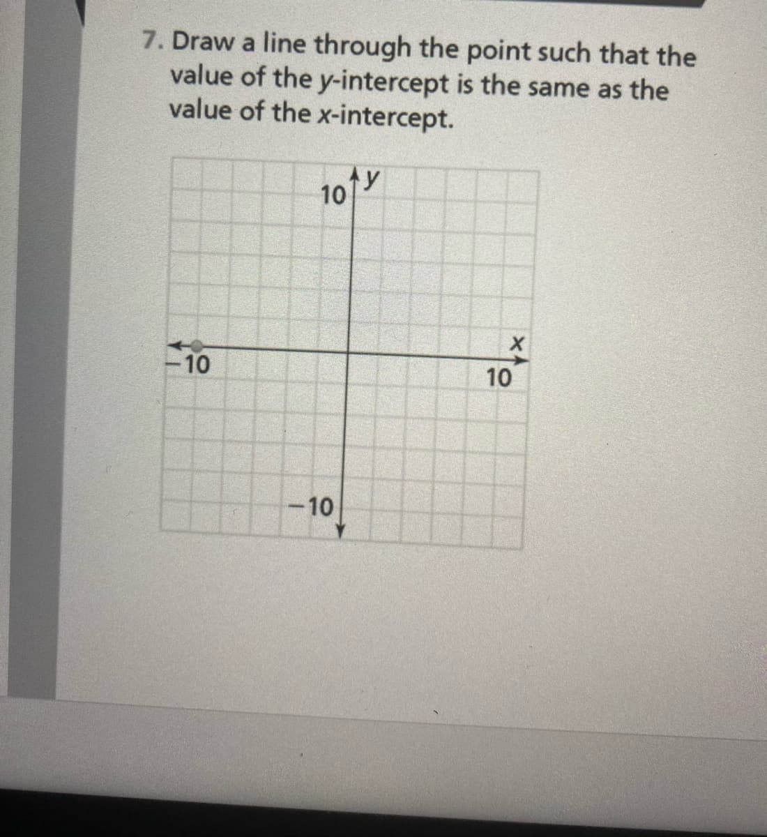 7. Draw a line through the point such that the
value of the y-intercept is the same as the
value of the x-intercept.
ty
10
-10
10
-10
