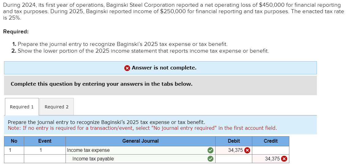 During 2024, its first year of operations, Baginski Steel Corporation reported a net operating loss of $450,000 for financial reporting
and tax purposes. During 2025, Baginski reported income of $250,000 for financial reporting and tax purposes. The enacted tax rate
is 25%.
Required:
1. Prepare the journal entry to recognize Baginski's 2025 tax expense or tax benefit.
2. Show the lower portion of the 2025 income statement that reports income tax expense or benefit.
Complete this question by entering your answers in the tabs below.
Required 1 Required 2
Prepare the journal entry to recognize Baginski's 2025 tax expense or tax benefit.
Note: If no entry is required for a transaction/event, select "No journal entry required" in the first account field.
General Journal
Credit
No
1
Event
1
X Answer is not complete.
Income tax expense
Income tax payable
Debit
34,375 x
34,375 x