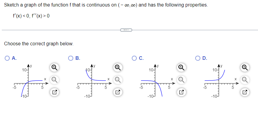 Sketch a graph of the function f that is continuous on (-∞0,00) and has the following properties.
f'(x) <0, f''(x) > 0
Choose the correct graph below.
O A.
10-
B.
C.
10-
Q
D.
10-
X
Q