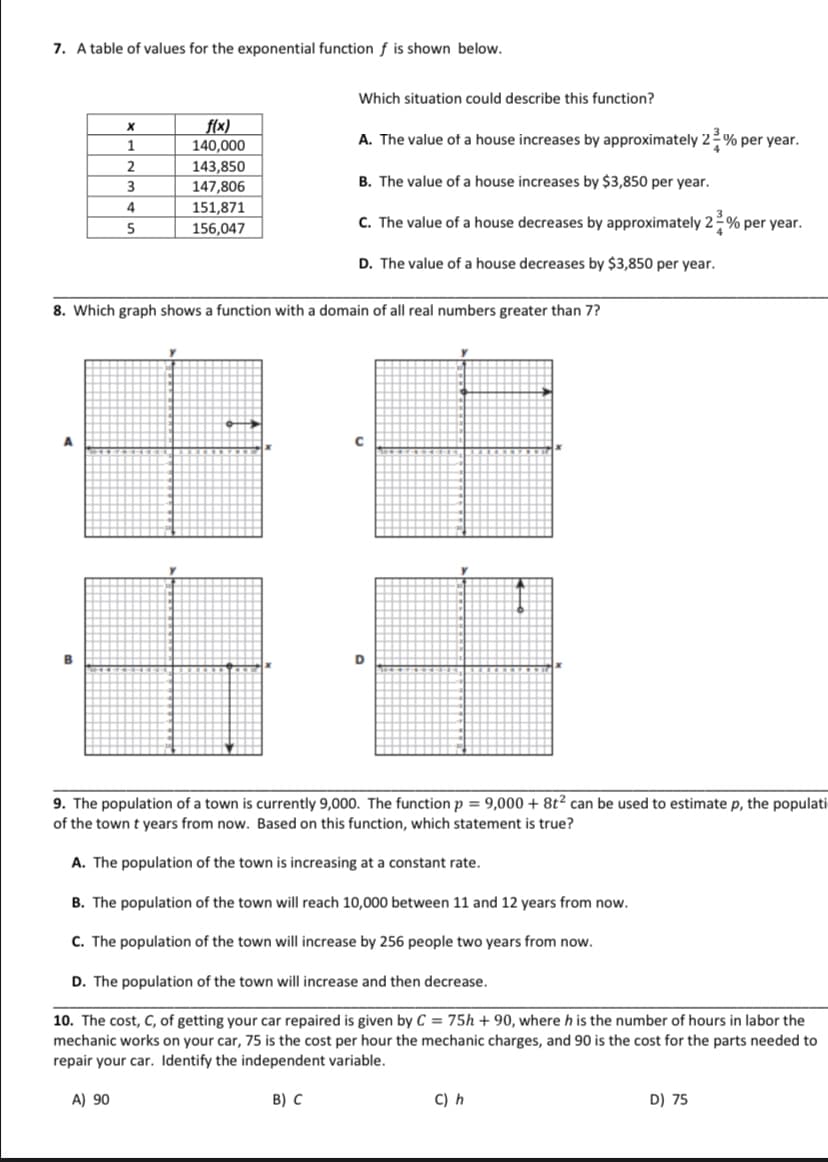 7. A table of values for the exponential function f is shown below.
X
f(x)
1
140,000
2
143,850
3
147,806
4
151,871
156,047
5
8. Which graph shows a function with a domain of all real numbers greater than 7?
C
B
D
9. The population of a town is currently 9,000. The function p = 9,000 + 8t² can be used to estimate p, the populati
of the town t years from now. Based on this function, which statement is true?
A. The population of the town is increasing at a constant rate.
B. The population of the town will reach 10,000 between 11 and 12 years from now.
C. The population of the town will increase by 256 people two years from now.
D. The population of the town will increase and then decrease.
10. The cost, C, of getting your car repaired is given by C = 75h + 90, where h is the number of hours in labor the
mechanic works on your car, 75 is the cost per hour the mechanic charges, and 90 is the cost for the parts needed to
repair your car. Identify the independent variable.
A) 90
B) C
C) h
D) 75
Which situation could describe this function?
A. The value of a house increases by approximately 2% per year.
B. The value of a house increases by $3,850 per year.
C. The value of a house decreases by approximately 2
-% per year.
D. The value of a house decreases by $3,850 per year.