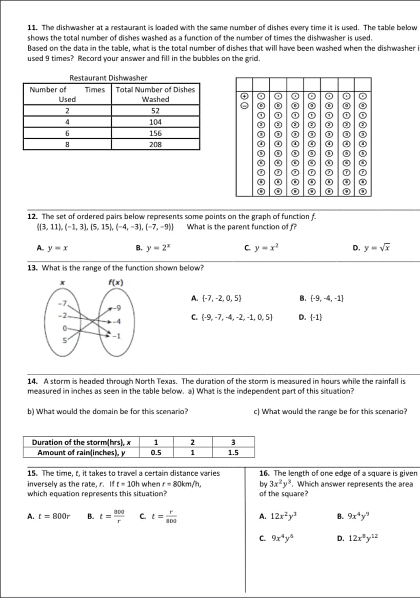 11. The dishwasher at a restaurant is loaded with the same number of dishes every time it is used. The table below
shows the total number of dishes washed as a function of the number of times the dishwasher is used.
Based on the data in the table, what is the total number of dishes that will have been washed when the dishwasher it
used 9 times? Record your answer and fill in the bubbles on the grid.
Restaurant Dishwasher
Number of
Times Total Number of Dishes
Used
Washed
0|0|0
OO
2
52
4
104
2 2 Ⓡ
O
6
156
8
208
0|0|0|0
OO OOO
010
☺ ☺ ☺
010/0
ololo
oo
O
12. The set of ordered pairs below represents some points on the graph of function f.
{(3, 11), (-1, 3), (5, 15), (-4,-3), (-7, -9)}
What is the parent function of f?
A. y = x
B. y = 2x
C. y = x²
13. What is the range of the function shown below?
f(x)
A. (-7, -2, 0, 5}
B. (-9, -4, -1}
D. {-1}
C. {-9, -7,-4, -2, -1, 0,5}
14. A storm is headed through North Texas. The duration of the storm is measured in hours while the rainfall is
measured in inches as seen in the table below. a) What is the independent part of this situation?
b) What would the domain be for this scenario?
c) What would the range be for this scenario?
1
2
3
Duration of the storm(hrs), x
Amount of rain(inches), y
0.5
1
1.5
15. The time, t, it takes to travel a certain distance varies
inversely as the rate, r. If t= 10h when r = 80km/h,
which equation represents this situation?
16. The length of one edge of a square is given
by 3x2y³. Which answer represents the area
of the square?
800
A. t = 800r
B. t =
C. t=
A. 12x²y³
B. 9x4y⁹
C. 9x¹y6
D. 12x³y¹2
800
+0
oooooo
D. y = √x