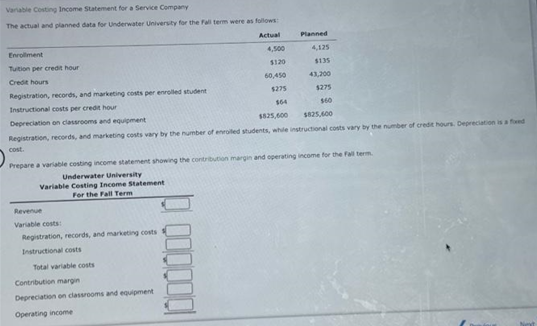 Variable Costing Income Statement for a Service Company
The actual and planned data for Underwater University for the Fall term were as follows:
Actual
Enrollment
Tuition per credit hour
Credit hours
cost.
4,125
$135
43,200
Registration, records, and marketing costs per enrolled student
$275
Instructional costs per credit hour
$60
Depreciation on classrooms and equipment
$825,600
$825,600
Registration, records, and marketing costs vary by the number of enrolled students, while instructional costs vary by the number of credit hours. Depreciation is a fixed
Revenue
Variable costs:
Prepare a variable costing income statement showing the contribution margin and operating income for the Fall term.
Underwater University
Variable Costing Income Statement
For the Fall Term
Registration, records, and marketing costs
Instructional costs
4,500
$120
60,450
$275
$64
Total variable costs
Planned
Contribution margin
Depreciation on classrooms and equipment
Operating income
Next