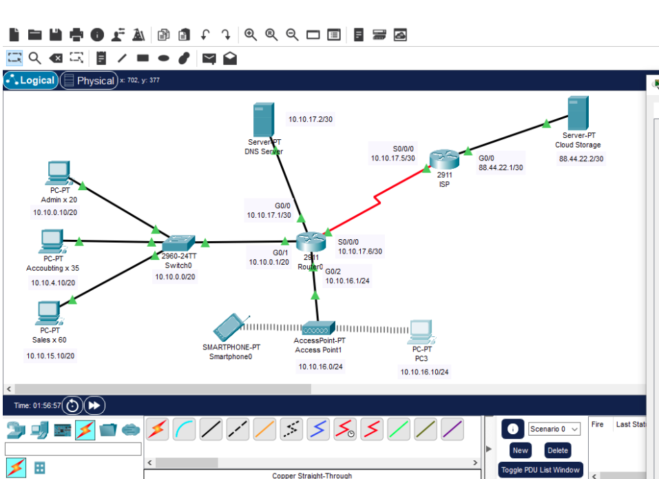 7 Q Q Q D
Logical
| Physical x 702. y: 377
10.10.17.2/30
Server-PT
ServereT
DNS Server
Cloud Storage
So/0/0
10.10.17.5/30
GO/0
88.44.22.2/30
88.44.22.1/30
2911
ISP
PC-PT
Admin x 20
GO/O
10.10.0.10/20
10.10.17.1/30
So/0/0
10.10.17.6/30
2960-24TT
G0/1
10.10.0.1/20
2411
Routero
PC-PT
Switcho
Accoubting x 35
G0/2
10.10.0.0/20
10.10.4.10/20
10.10.16.1/24
PC-PT
Sales x 60
AccessPoint-PT
SMARTPHONE-PT
PC-PT
PC3
Access Point1
10.10.15.10/20
Smartphone0
10.10.16.0/24
10.10.16.10/24
Time: 01:56:57
Fire
Last Stati
O Scenario 0
New
Toggle PDU List Window
Delete
Copper Straight-Through
II.
