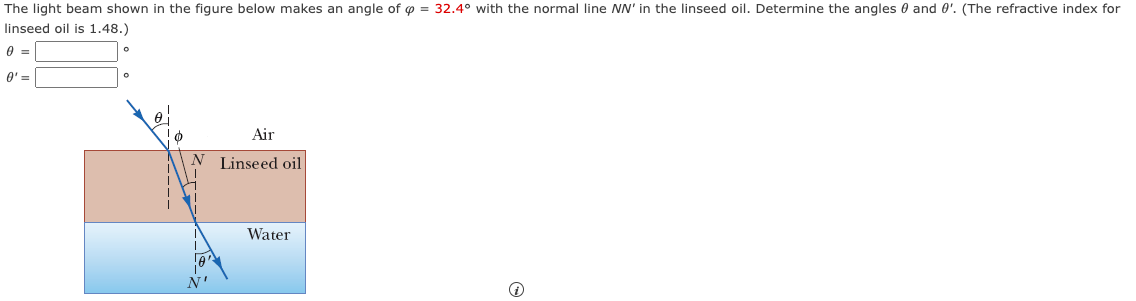 The light beam shown in the figure below makes an angle of = 32.4° with the normal line NN' in the linseed oil. Determine the angles and 0'. (The refractive index for
linseed oil is 1.48.)
0 =
0' =
Air
Linseed oil
Water