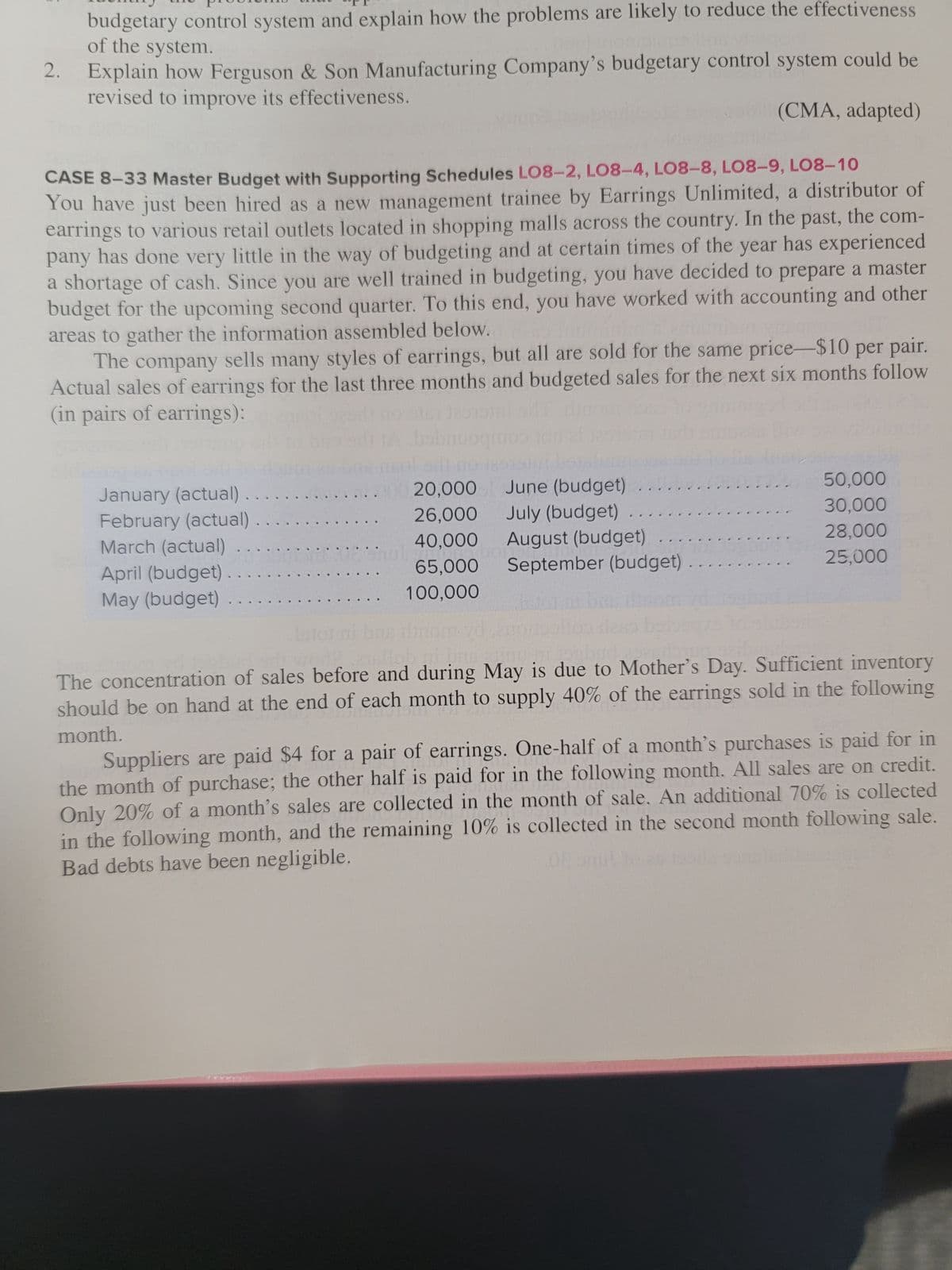 budgetary control system and explain how the problems are likely to reduce the effectiveness
of the system.
2. Explain how Ferguson & Son Manufacturing Company's budgetary control system could be
revised to improve its effectiveness.
(CMA, adapted)
CASE 8-33 Master Budget with Supporting Schedules LO8-2, LO8-4, LO8-8, LO8-9, LO8-10
You have just been hired as a new management trainee by Earrings Unlimited, a distributor of
earrings to various retail outlets located in shopping malls across the country. In the past, the com-
pany has done very little in the way of budgeting and at certain times of the year has experienced
a shortage of cash. Since you are well trained in budgeting, you have decided to prepare a master
budget for the upcoming second quarter. To this end, you have worked with accounting and other
areas to gather the information assembled below.
misin ynsamos sill
The company sells many styles of earrings, but all are sold for the same price-$10 per pair.
Actual sales of earrings for the last three months and budgeted sales for the next six months follow
(in pairs of earrings):
6161 12012
January (actual)
February (actual)
March (actual)
April (budget)
May (budget)
June (budget)
July (budget)
0020,000
26,000
40,000 August (budget)
Fiore bor
65,000
100,000
September (budget)
50,000
30,000
28,000
25,000
The concentration of sales before and during May is due to Mother's Day. Sufficient inventory
should be on hand at the end of each month to supply 40% of the earrings sold in the following
month.
Suppliers are paid $4 for a pair of earrings. One-half of a month's purchases is paid for in
the month of purchase; the other half is paid for in the following month. All sales are on credit.
Only 20% of a month's sales are collected in the month of sale. An additional 70% is collected
in the following month, and the remaining 10% is collected in the second month following sale.
Bad debts have been negligible.
08 omul