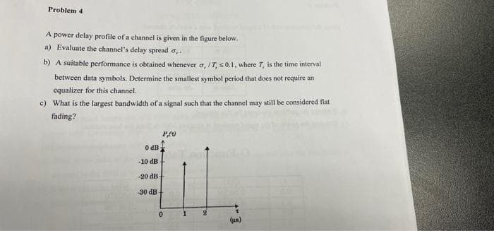 Problem 4
A power delay profile of a channel is given in the figure below.
a) Evaluate the channel's delay spread o,.
b) A suitable performance is obtained whenever a, IT, S0.1, where T, is the time interval
between data symbols. Determine the smallest symbol period that does not require an
equalizer for this channel.
c) What is the largest bandwidth of a signal such that the channel may still be considered flat
fading?
O dB
-10 dB
-20 dB-
30 dB
1
