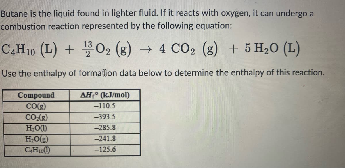 Butane is the liquid found in lighter fluid. If it reacts with oxygen, it can undergo a
combustion reaction represented by the following equation:
C4H10 (L) + O2 (g) → 4 CO2 (g) + 5 H₂O (L)
Use the enthalpy of formation data below to determine the enthalpy of this reaction.
Compound
CO(g)
CO₂(g)
H₂O(1)
H₂O(g)
C4H10(1)
AH° (kJ/mol)
-110.5
-393.5
-285.8
-241.8
-125.6