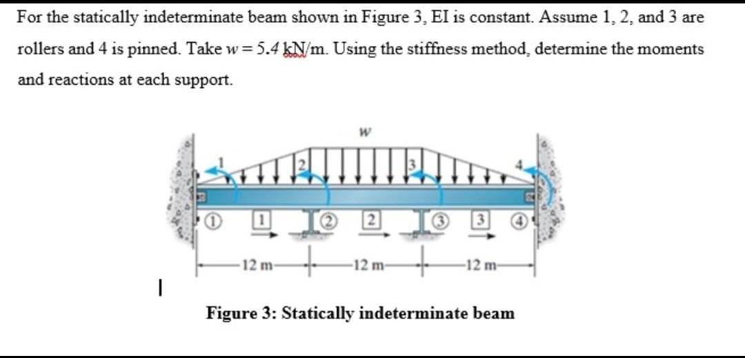 For the statically indeterminate beam shown in Figure 3, El is constant. Assume 1, 2, and 3 are
rollers and 4 is pinned. Take w = 5.4 kN/m. Using the stiffness method, determine the moments
and reactions at each support.
2
12 m-
-12 m-
-12 m-
Figure 3: Statically indeterminate beam
