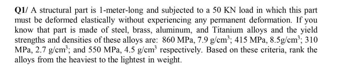 Q1/A structural part is 1-meter-long and subjected to a 50 KN load in which this part
must be deformed elastically without experiencing any permanent deformation. If you
know that part is made of steel, brass, aluminum, and Titanium alloys and the yield
strengths and densities of these alloys are: 860 MPa, 7.9 g/cm³; 415 MPa, 8.5g/cm³; 310
MPa, 2.7 g/cm³; and 550 MPa, 4.5 g/cm³ respectively. Based on these criteria, rank the
alloys from the heaviest to the lightest in weight.