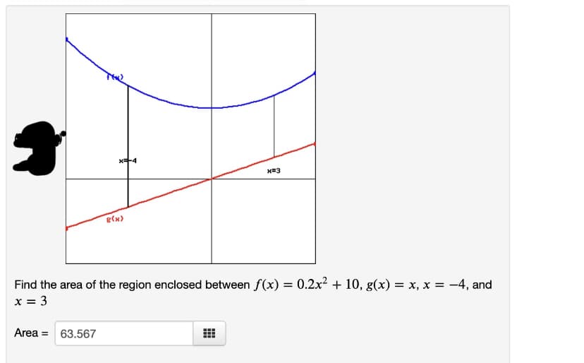 g(x)
Find the area of the region enclosed between f(x) = 0.2x? + 10, g(x) = x, x = -4, and
x = 3
%3D
Area = 63.567
