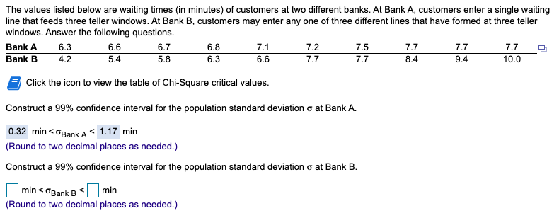 The values listed below are waiting times (in minutes) of customers at two different banks. At Bank A, customers enter a single waiting
line that feeds three teller windows. At Bank B, customers may enter any one of three different lines that have formed at three teller
windows. Answer the following questions.
Bank A
Bank B
6.3
6.6
6.7
6.8
7.1
7.2
7.5
7.7
7.7
7.7
4.2
5.4
5.8
6.3
6.6
7.7
7.7
8.4
9.4
10.0
Click the icon to view the table of Chi-Square critical values.
Construct a 99% confidence interval for the population standard deviation o at Bank A.
0.32 min < oBank A< 1.17 min
(Round to two decimal places as needed.)
Construct a 99% confidence interval for the population standard deviation o at Bank B.
min < OBank B
min
(Round to two decimal places as needed.)
