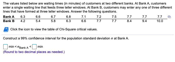 The values listed below are waiting times (in minutes) of customers at two different banks. At Bank A, customers
enter a single waiting line that feeds three teller windows. At Bank B, customers may enter any one of three different
lines that have formed at three teller windows. Answer the following questions.
Bank A 6.3
6.6
6.7
6.8
7.1
7.2
7.5
7.7
7.7
7.7
Bank B
4.2
5.4
5.8
6.3
6.6
8.4
9.4
10.0
7.7
7.7
Click the icon to view the table of Chi-Square critical values.
Construct a 99% confidence interval for the population standard deviation o at Bank A.
min < OBank A < min
(Round to two decimal places as needed.)
