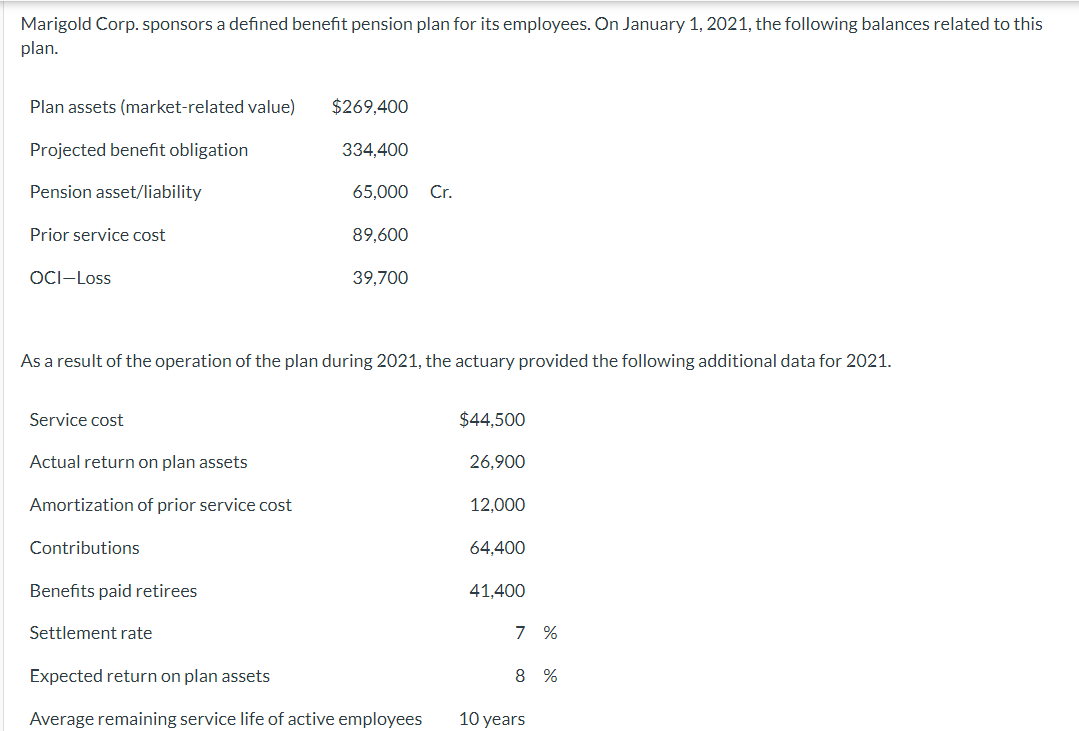 Marigold Corp. sponsors a defined benefit pension plan for its employees. On January 1, 2021, the following balances related to this
plan.
Plan assets (market-related value)
$269,400
Projected benefit obligation
334,400
Pension asset/liability
65,000 Cr.
Prior service cost
89,600
OCI-Loss
39,700
As a result of the operation of the plan during 2021, the actuary provided the following additional data for 2021.
Service cost
$44,500
Actual return on plan assets
26,900
Amortization of prior service cost
12,000
Contributions
64,400
Benefits paid retirees
41,400
Settlement rate
7 %
Expected return on plan assets
8 %
Average remaining service life of active employees
10 years
