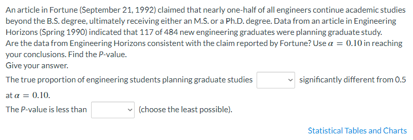 An article in Fortune (September 21, 1992) claimed that nearly one-half of all engineers continue academic studies
beyond the B.S. degree, ultimately receiving either an M.S. or a Ph.D. degree. Data from an article in Engineering
Horizons (Spring 1990) indicated that 117 of 484 new engineering graduates were planning graduate study.
Are the data from Engineering Horizons consistent with the claim reported by Fortune? Use a = 0.10 in reaching
your conclusions. Find the P-value.
Give your answer.
The true proportion of engineering students planning graduate studies
significantly different from 0.5
at a = 0.10.
I|
The P-value is less than
(choose the least possible).
Statistical Tables and Charts
