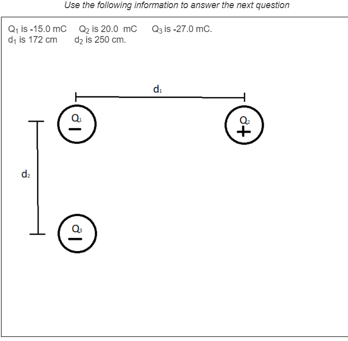 Use the following information to answer the next question
Q, is -15.0 mc Q2 is 20.0 mC
di is 172 cm
Q3 is -27.0 mc.
d2 is 250 cm.
di
d2
ở+
ở |
ở |
