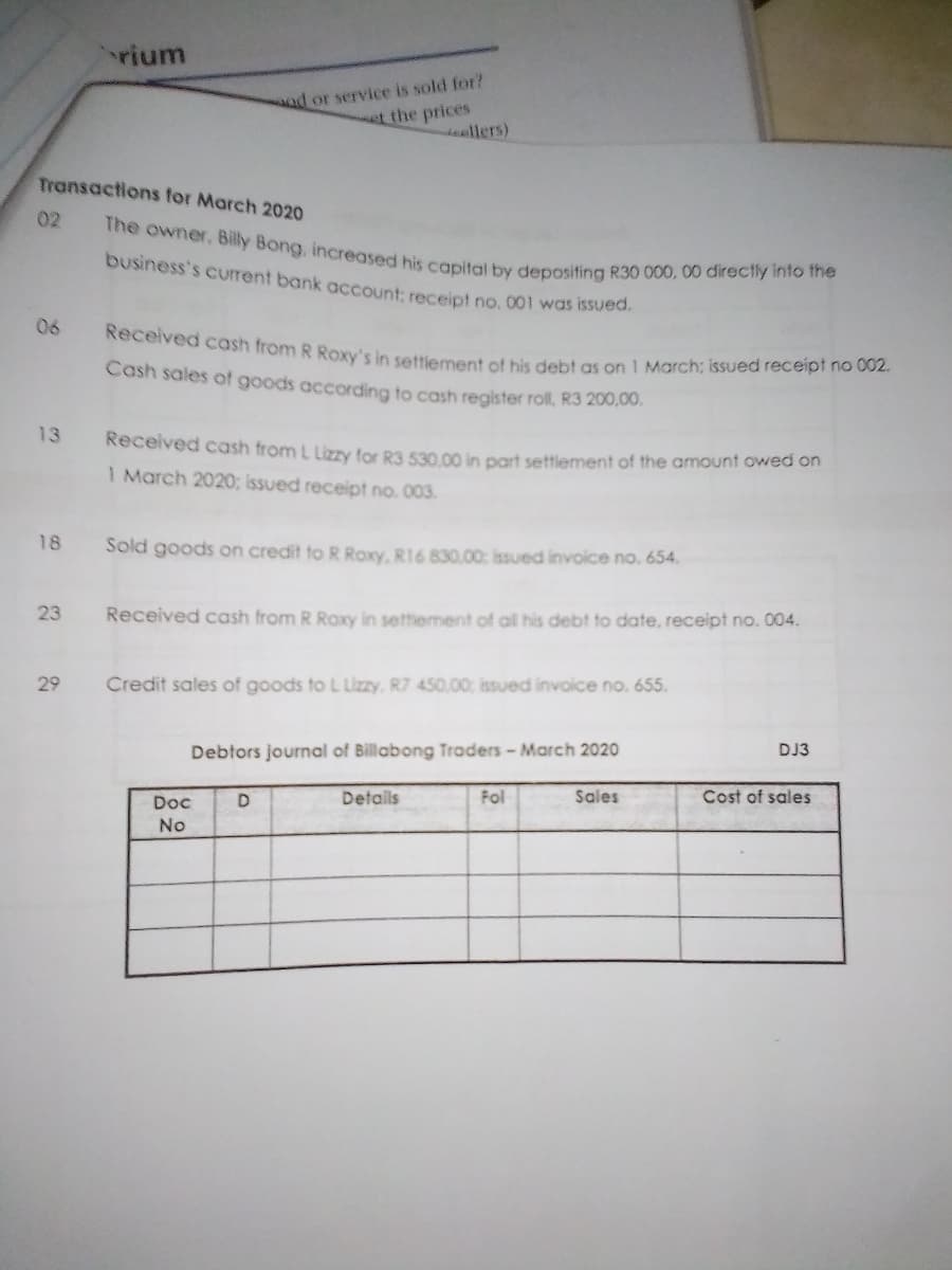 The owner, Billy Bong, increased his capital by depositing R30 000, 00 directly into the
Received cash from R Roxy's in settlement of his debt as on 1 March; issued receipt no 002.
rium
ad or service is sold for?
set the prices
deellers)
Transactions for March 2020
02
business's current bank account: receipt no. 001 was isued.
06
Cash sales of goods according to cash register roll, R3 200.00.
13
Received cash from L Lizzy for R3 530 00 in part settlement of the amount owed on
1 March 2020; issued receipt no. 003.
18
Sold goods on credit to R Roxy, R16 830.00: issued invoice no. 654.
23
Received cash from R Roxy in settiement of all his debt to date, receipt no. 004.
29
Credit sales of goods to L Lizzy, R7 450,00: issued invoice no. 655.
Debtors journal of Billabong Traders - March 2020
DJ3
Doc
Detals
Fol
Sales
Cost of sales
No
