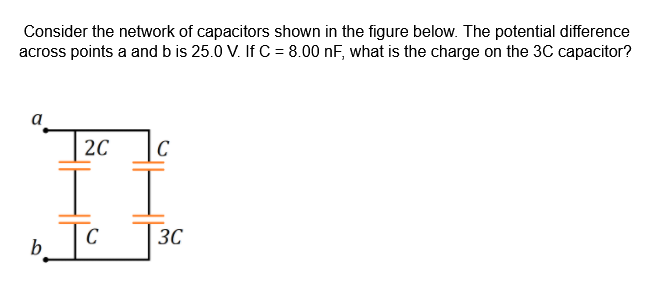 Consider the network of capacitors shown in the figure below. The potential difference
across points a and b is 25.0 V. If C = 8.00 nF, what is the charge on the 3C capacitor?
20
C
C
30
b
