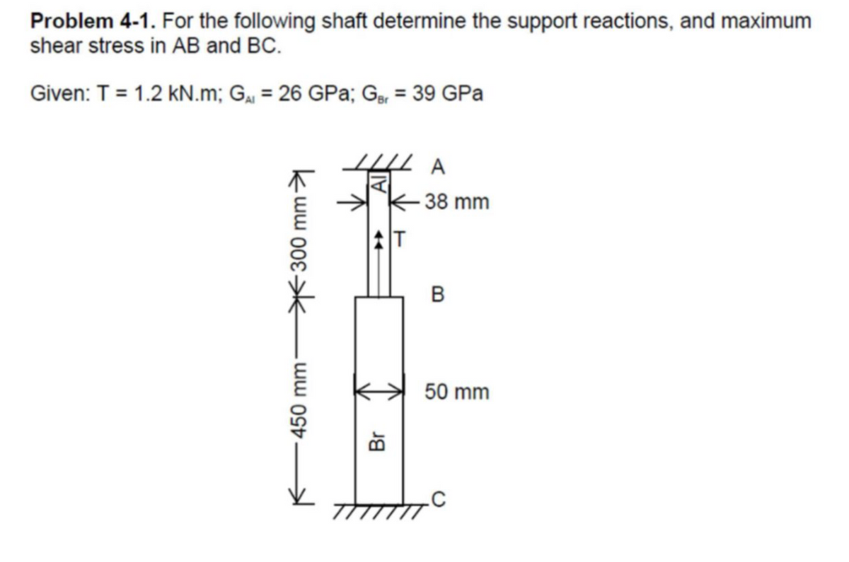 Problem 4-1. For the following shaft determine the support reactions, and maximum
shear stress in AB and BC.
Given: T = 1.2 kN.m; G = 26 GPa; Gar = 39 GPa
300 mm ✈
450 mm
ILLLA
Al
Br
IT
38 mm
B
50 mm