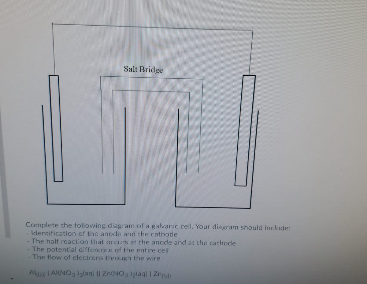 Salt Bridge
Complete the following diagram of a galvanic cell. Your diagram should include:
Identification of the anode and the cathode
- The half reaction that occurs at the anode and at the cathode
-The potential difference of the entire cell
The flow of electrons through the wire.
Als) | AI(NO3 g(aq) || Zn(NO32(aq) | Zns)
